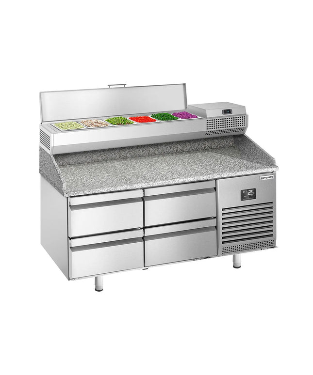 GGM Gastro Commercial Pizza Prep Counter - Granite Top PREMIUM PLUS - 1490x700mm - with 0 doors & 4 dough drawers - incl. refrigerated topping unit - 6x GN 1/4