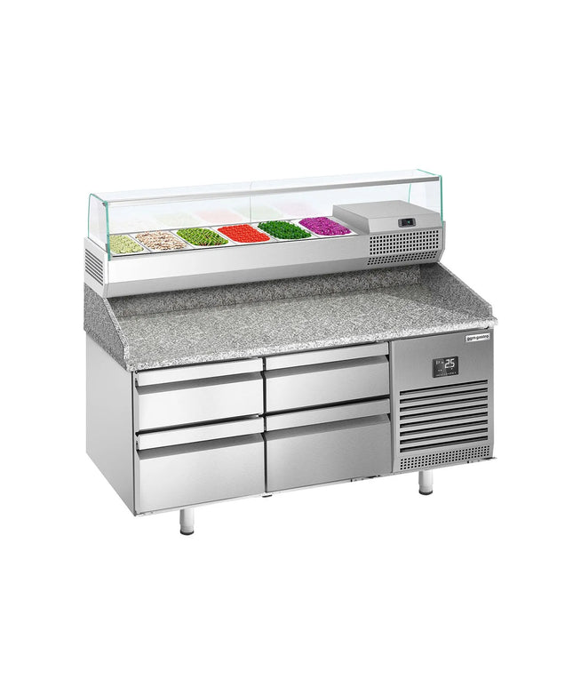 GGM Gastro Commercial Pizza Prep Counter - Granite Top PREMIUM PLUS - 1490x700mm - with 0 doors & 4 drawers - incl. refrigerated topping unit with glass sneeze guard - 6x GN 1/4