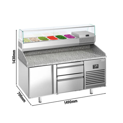 GGM Gastro Commercial Pizza Prep Counter - Granite Top PREMIUM PLUS - 1490x700mm - with 1 doors & 2 drawers - incl. refrigerated topping unit with glass sneeze guard - 6x GN 1/4