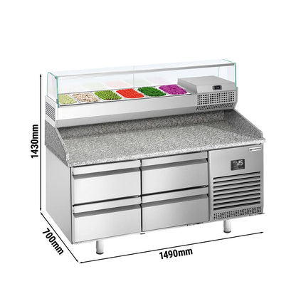 GGM Gastro Commercial Pizza Prep Counter - Granite Top PREMIUM PLUS - 1490x700mm - with 0 doors & 4 drawers - incl. refrigerated topping unit with glass sneeze guard - 6x GN 1/4