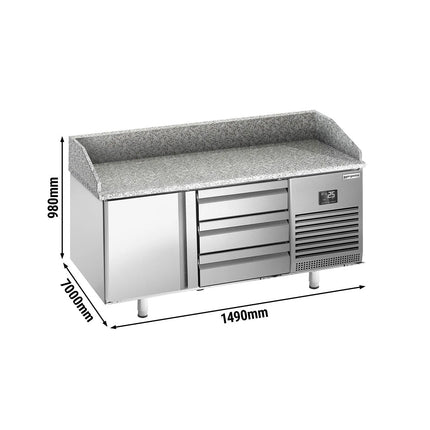 GGM Gastro Commercial Pizza Prep Counter - Granite Top PREMIUM PLUS - 1490x700mm - with 1 doors & 3 dough drawers - incl. refrigerated topping unit - 8x GN