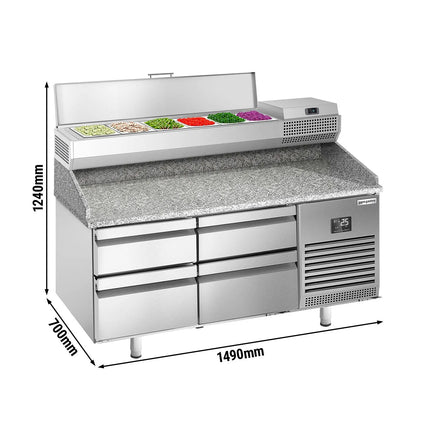 GGM Gastro Commercial Pizza Prep Counter - Granite Top PREMIUM PLUS - 1490x700mm - with 0 doors & 4 dough drawers - incl. refrigerated topping unit - 6x GN 1/4