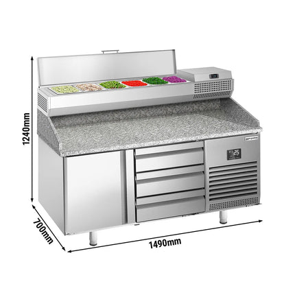 GGM Gastro Commercial Pizza Prep Counter - Granite Top PREMIUM PLUS - 1490x700mm - with 1 doors & 3 drawers - incl. refrigerated topping unit - 6x GN 1/4