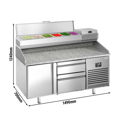 GGM Gastro Commercial Pizza Prep Counter - Granite Top PREMIUM PLUS - 1490x700mm - with 1 doors & 2 drawers - incl. refrigerated topping unit - 6x GN 1/4