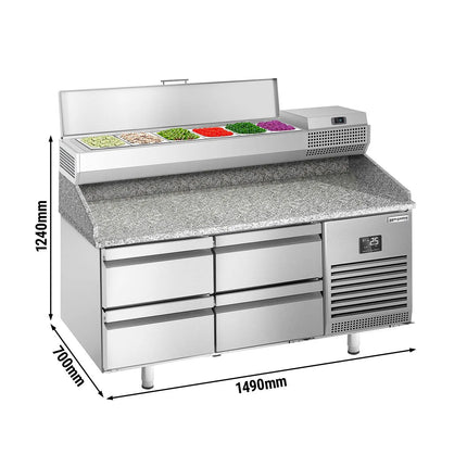 GGM Gastro Commercial Pizza Prep Counter - Granite Top PREMIUM PLUS - 1490x700mm - with 0 doors & 4 dough drawers - incl. refrigerated topping unit - 6x GN 1/4