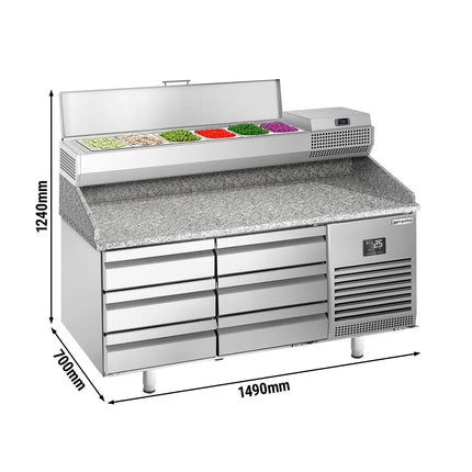 GGM Gastro Commercial Pizza Prep Counter - Granite Top PREMIUM PLUS - 1490x700mm - with 0 doors & 6 drawers - incl. refrigerated topping unit - 6x GN 1/4