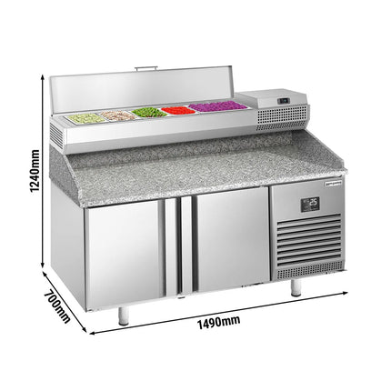 GGM Gastro Commercial Pizza Prep Counter - Granite Top PREMIUM PLUS - 1490x700mm - with 2 doors - incl. refrigerated topping unit - 6x GN 1/4