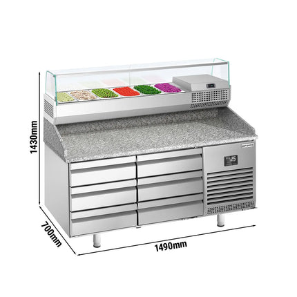 GGM Gastro Commercial Pizza Prep Counter - Granite Top PREMIUM PLUS - 1490x700mm - with 0 doors & 6 drawers - incl. refrigerated topping unit with glass sneeze guard - 6x GN 1/4