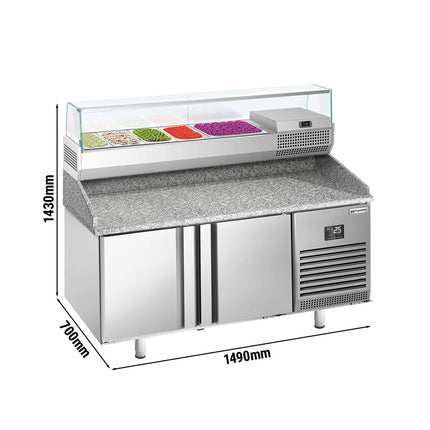 GGM Gastro Commercial Pizza Prep Counter - Granite Top PREMIUM PLUS - 1490x700mm - with 2 doors - incl. refrigerated topping unit with glass sneeze guard - 6x GN 1/4