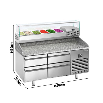 GGM Gastro Commercial Pizza Prep Counter - Granite Top PREMIUM PLUS - 1490x700mm - with 0 doors & 4 drawers - incl. refrigerated topping unit with glass sneeze guard - 6x GN 1/4