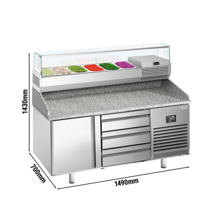 GGM Gastro Commercial Pizza Prep Counter - Granite Top PREMIUM PLUS - 1490x700mm - with 1 doors & 3 drawers - incl. refrigerated topping unit with glass sneeze guard - 6x GN 1/4