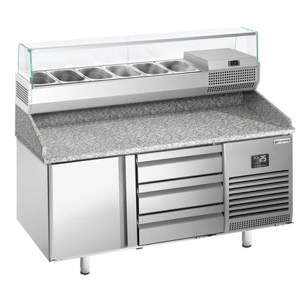 GGM Gastro Commercial Pizza Prep Counter - Granite Top PREMIUM PLUS - 1490x700mm - with 1 doors & 3 drawers - incl. refrigerated topping unit with glass sneeze guard - 6x GN 1/4