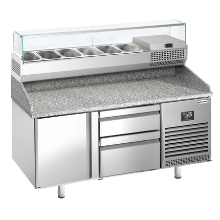 GGM Gastro Commercial Pizza Prep Counter - Granite Top PREMIUM PLUS - 1490x700mm - with 1 doors & 2 drawers - incl. refrigerated topping unit with glass sneeze guard - 6x GN 1/4