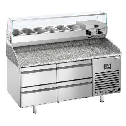 GGM Gastro Commercial Pizza Prep Counter - Granite Top PREMIUM PLUS - 1490x700mm - with 0 doors & 4 drawers - incl. refrigerated topping unit with glass sneeze guard - 6x GN 1/4