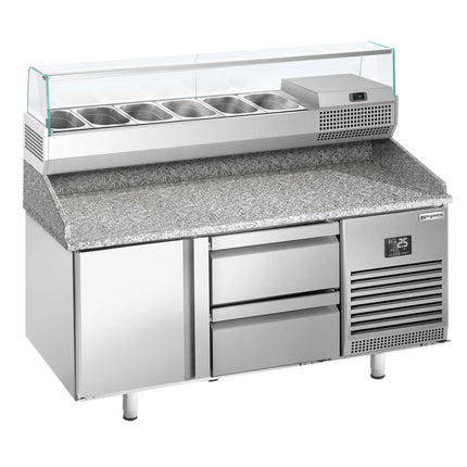 GGM Gastro Commercial Pizza Prep Counter - Granite Top PREMIUM PLUS - 1490x700mm - with 1 doors & 2 drawers - incl. refrigerated topping unit with glass sneeze guard - 6x GN 1/4