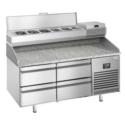 GGM Gastro Commercial Pizza Prep Counter - Granite Top PREMIUM PLUS - 1490x700mm - with 0 doors & 4 dough drawers - incl. refrigerated topping unit - 6x GN 1/4