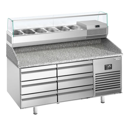 GGM Gastro Commercial Pizza Prep Counter - Granite Top PREMIUM PLUS - 1490x700mm - with 0 doors & 6 drawers - incl. refrigerated topping unit with glass sneeze guard - 6x GN 1/4