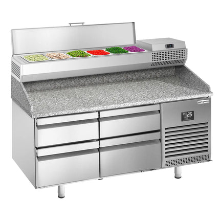 GGM Gastro Commercial Pizza Prep Counter - Granite Top PREMIUM PLUS - 1490x700mm - with 0 doors & 4 dough drawers - incl. refrigerated topping unit - 6x GN 1/4