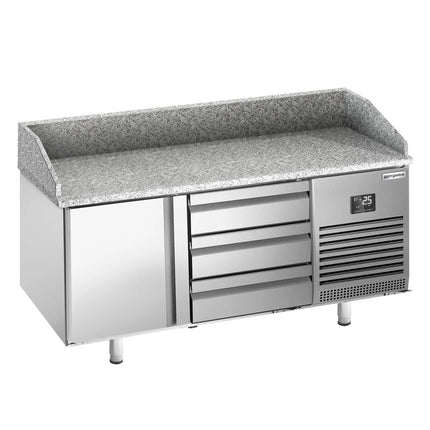 GGM Gastro Commercial Pizza Prep Counter - Granite Top PREMIUM PLUS - 1490x700mm - with 1 doors & 3 dough drawers - incl. refrigerated topping unit - 8x GN