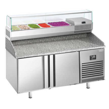 GGM Gastro Commercial Pizza Prep Counter - Granite Top PREMIUM PLUS - 1490x700mm - with 2 doors - incl. refrigerated topping unit with glass sneeze guard - 6x GN 1/4
