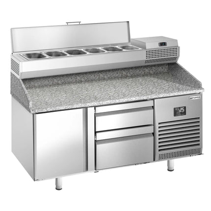 GGM Gastro Commercial Pizza Prep Counter - Granite Top PREMIUM PLUS - 1490x700mm - with 1 doors & 2 drawers - incl. refrigerated topping unit - 6x GN 1/4