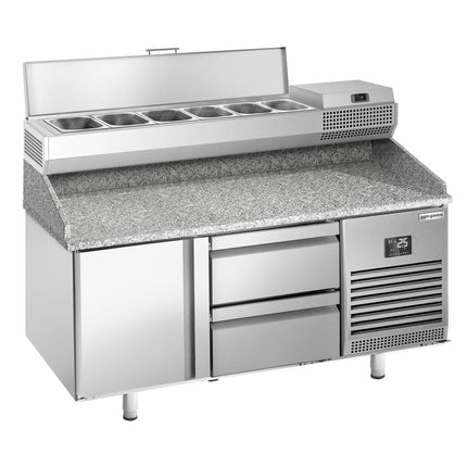 GGM Gastro Commercial Pizza Prep Counter - Granite Top PREMIUM PLUS - 1490x700mm - with 1 doors & 2 drawers - incl. refrigerated topping unit - 6x GN 1/4