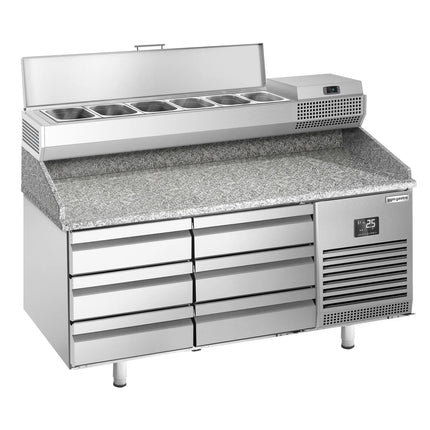 GGM Gastro Commercial Pizza Prep Counter - Granite Top PREMIUM PLUS - 1490x700mm - with 0 doors & 6 drawers - incl. refrigerated topping unit - 6x GN 1/4