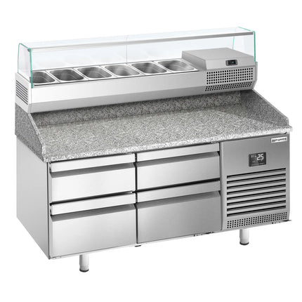 GGM Gastro Commercial Pizza Prep Counter - Granite Top PREMIUM PLUS - 1490x700mm - with 0 doors & 4 drawers - incl. refrigerated topping unit with glass sneeze guard - 6x GN 1/4