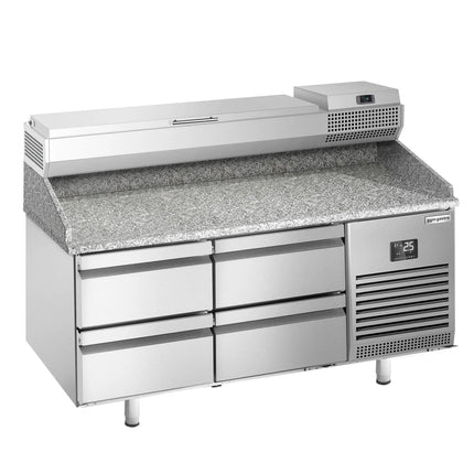 GGM Gastro Commercial Pizza Prep Counter - Granite Top PREMIUM PLUS - 1490x700mm - with 0 doors & 4 dough drawers - incl. refrigerated topping unit - 6x GN 1/4