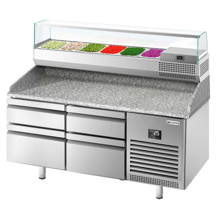 GGM Gastro Commercial Pizza Prep Counter - Granite Top PREMIUM PLUS - 1490x700mm - with 0 doors & 4 drawers - incl. refrigerated topping unit with glass sneeze guard - 6x GN 1/4