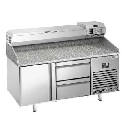 GGM Gastro Commercial Pizza Prep Counter - Granite Top PREMIUM PLUS - 1490x700mm - with 1 doors & 2 drawers - incl. refrigerated topping unit - 6x GN 1/4