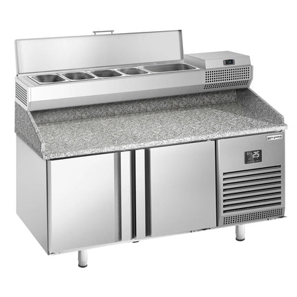 GGM Gastro Commercial Pizza Prep Counter - Granite Top PREMIUM PLUS - 1490x700mm - with 2 doors - incl. refrigerated topping unit - 6x GN 1/4