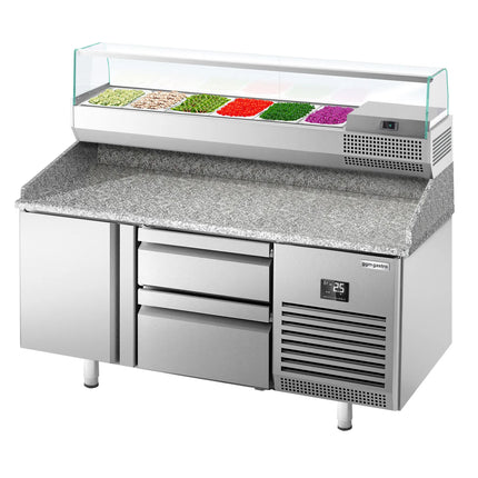 GGM Gastro Commercial Pizza Prep Counter - Granite Top PREMIUM PLUS - 1490x700mm - with 1 doors & 2 drawers - incl. refrigerated topping unit with glass sneeze guard - 6x GN 1/4