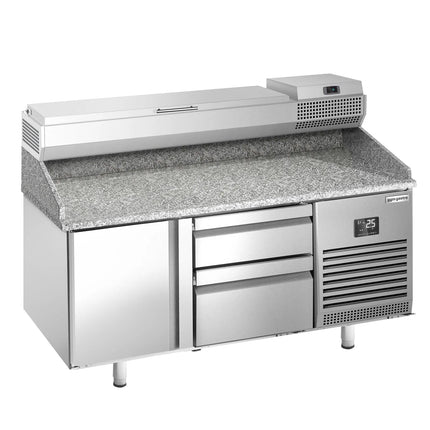 GGM Gastro Commercial Pizza Prep Counter - Granite Top PREMIUM PLUS - 1490x700mm - with 1 doors & 2 drawers - incl. refrigerated topping unit - 6x GN 1/4