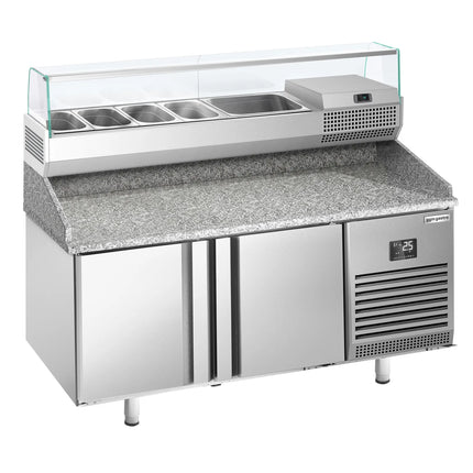 GGM Gastro Commercial Pizza Prep Counter - Granite Top PREMIUM PLUS - 1490x700mm - with 2 doors - incl. refrigerated topping unit with glass sneeze guard - 6x GN 1/4