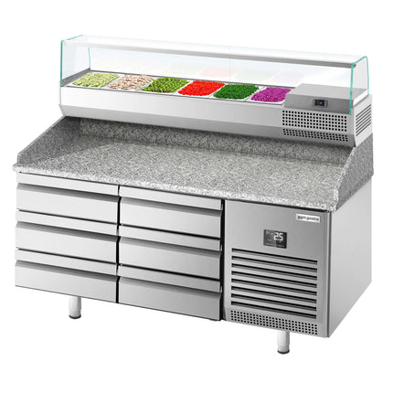 GGM Gastro Commercial Pizza Prep Counter - Granite Top PREMIUM PLUS - 1490x700mm - with 0 doors & 6 drawers - incl. refrigerated topping unit with glass sneeze guard - 6x GN 1/4