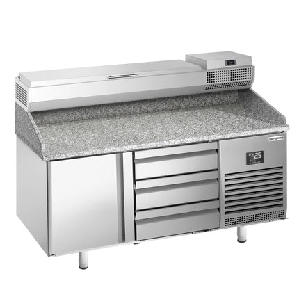 GGM Gastro Commercial Pizza Prep Counter - Granite Top PREMIUM PLUS - 1490x700mm - with 1 doors & 3 drawers - incl. refrigerated topping unit - 6x GN 1/4
