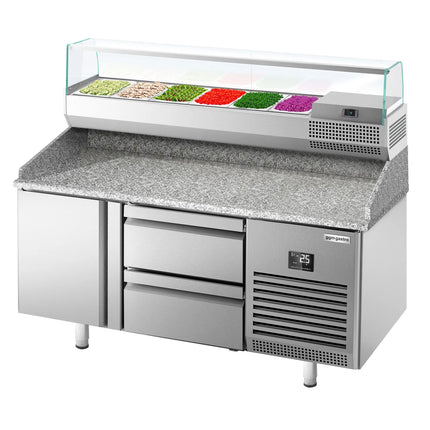 GGM Gastro Commercial Pizza Prep Counter - Granite Top PREMIUM PLUS - 1490x700mm - with 1 doors & 2 drawers - incl. refrigerated topping unit with glass sneeze guard - 6x GN 1/4