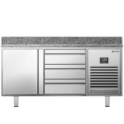 GGM Gastro Commercial Pizza Prep Counter - Granite Top PREMIUM PLUS - 1490x700mm - with 1 doors & 3 dough drawers - incl. refrigerated topping unit - 8x GN