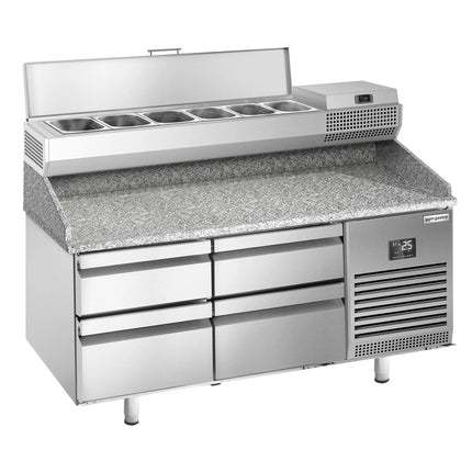 GGM Gastro Commercial Pizza Prep Counter - Granite Top PREMIUM PLUS - 1490x700mm - with 0 doors & 4 dough drawers - incl. refrigerated topping unit - 6x GN 1/4