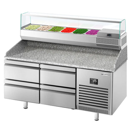 GGM Gastro Commercial Pizza Prep Counter - Granite Top PREMIUM PLUS - 1490x700mm - with 0 doors & 4 drawers - incl. refrigerated topping unit with glass sneeze guard - 6x GN 1/4