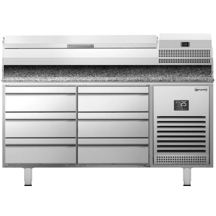 GGM Gastro Commercial Pizza Prep Counter - Granite Top PREMIUM PLUS - 1490x700mm - with 0 doors & 6 drawers - incl. refrigerated topping unit - 6x GN 1/4