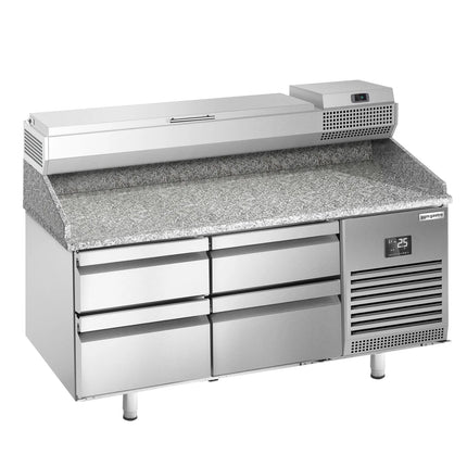 GGM Gastro Commercial Pizza Prep Counter - Granite Top PREMIUM PLUS - 1490x700mm - with 0 doors & 4 dough drawers - incl. refrigerated topping unit - 6x GN 1/4