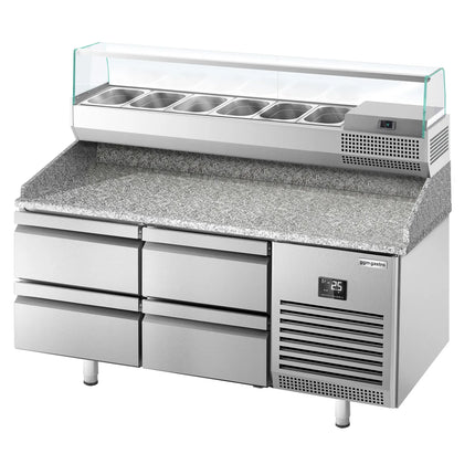 GGM Gastro Commercial Pizza Prep Counter - Granite Top PREMIUM PLUS - 1490x700mm - with 0 doors & 4 drawers - incl. refrigerated topping unit with glass sneeze guard - 6x GN 1/4