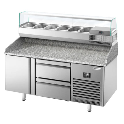 GGM Gastro Commercial Pizza Prep Counter - Granite Top PREMIUM PLUS - 1490x700mm - with 1 doors & 2 drawers - incl. refrigerated topping unit with glass sneeze guard - 6x GN 1/4