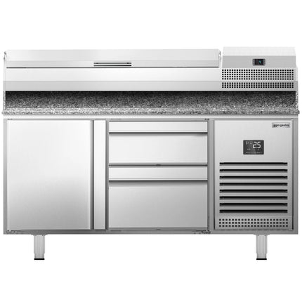 GGM Gastro Commercial Pizza Prep Counter - Granite Top PREMIUM PLUS - 1490x700mm - with 1 doors & 2 drawers - incl. refrigerated topping unit - 6x GN 1/4