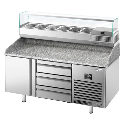 GGM Gastro Commercial Pizza Prep Counter - Granite Top PREMIUM PLUS - 1490x700mm - with 1 doors & 3 drawers - incl. refrigerated topping unit with glass sneeze guard - 6x GN 1/4