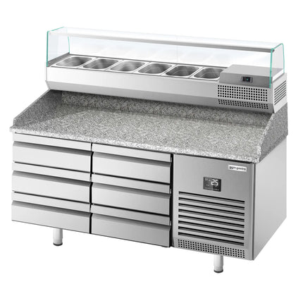 GGM Gastro Commercial Pizza Prep Counter - Granite Top PREMIUM PLUS - 1490x700mm - with 0 doors & 6 drawers - incl. refrigerated topping unit with glass sneeze guard - 6x GN 1/4