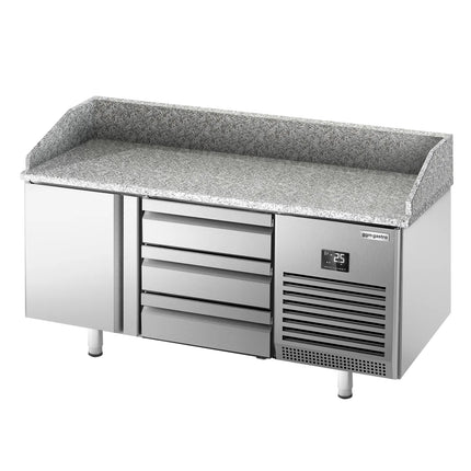 GGM Gastro Commercial Pizza Prep Counter - Granite Top PREMIUM PLUS - 1490x700mm - with 1 doors & 3 dough drawers - incl. refrigerated topping unit - 8x GN