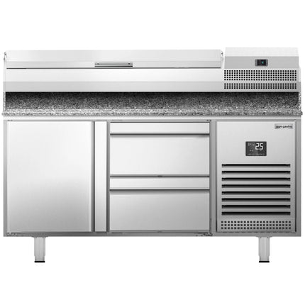 GGM Gastro Commercial Pizza Prep Counter - Granite Top PREMIUM PLUS - 1490x700mm - with 1 doors & 2 drawers - incl. refrigerated topping unit - 6x GN 1/4